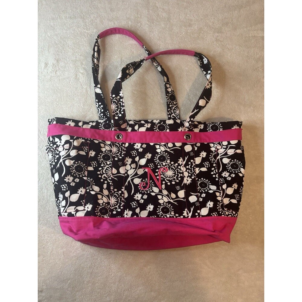 Thirty-One Large Black White Pink Canvas Floral Swirls Monogram N Purse Tote Bag - Picture 1 of 13